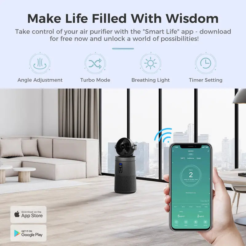 AROEVE MK08W Smart WiFi Air Purifier Fan &Cooling Appliance, 1980 Sq.Ft Coverage, AutoClean, Dust Remover-CARB Certified